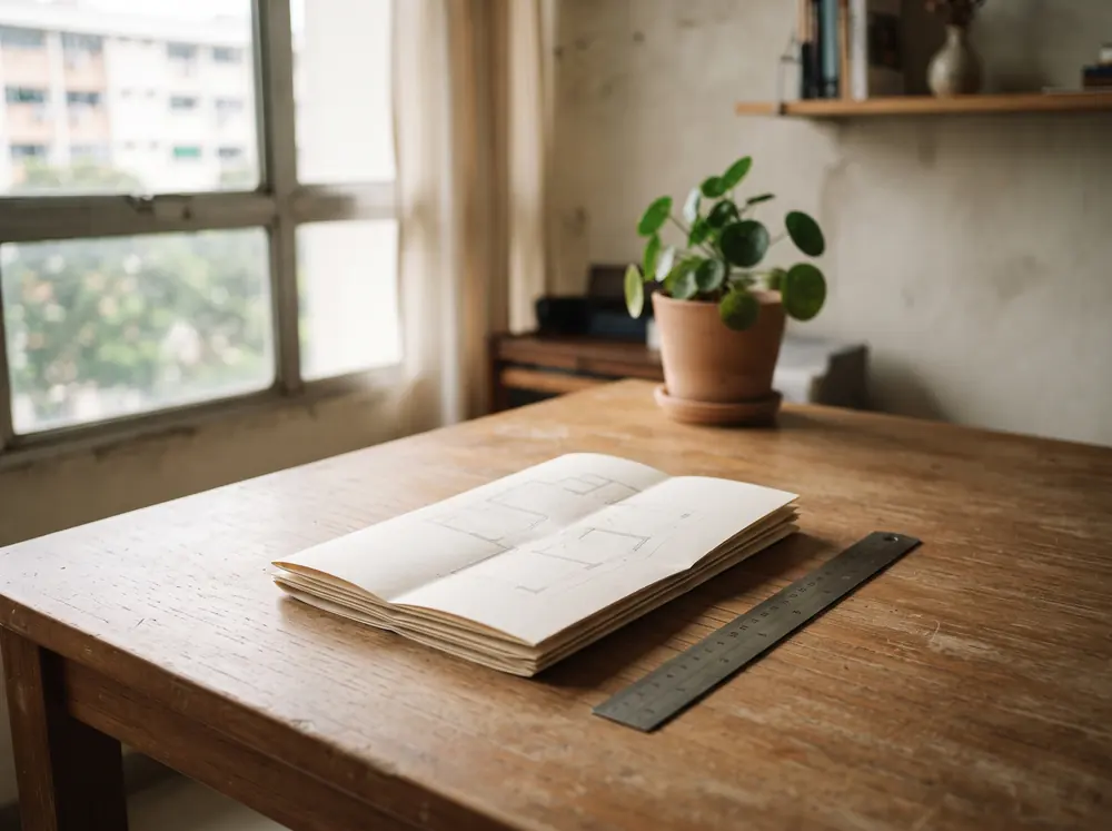 A folded unmarked floor plan and a steel rule on a desk