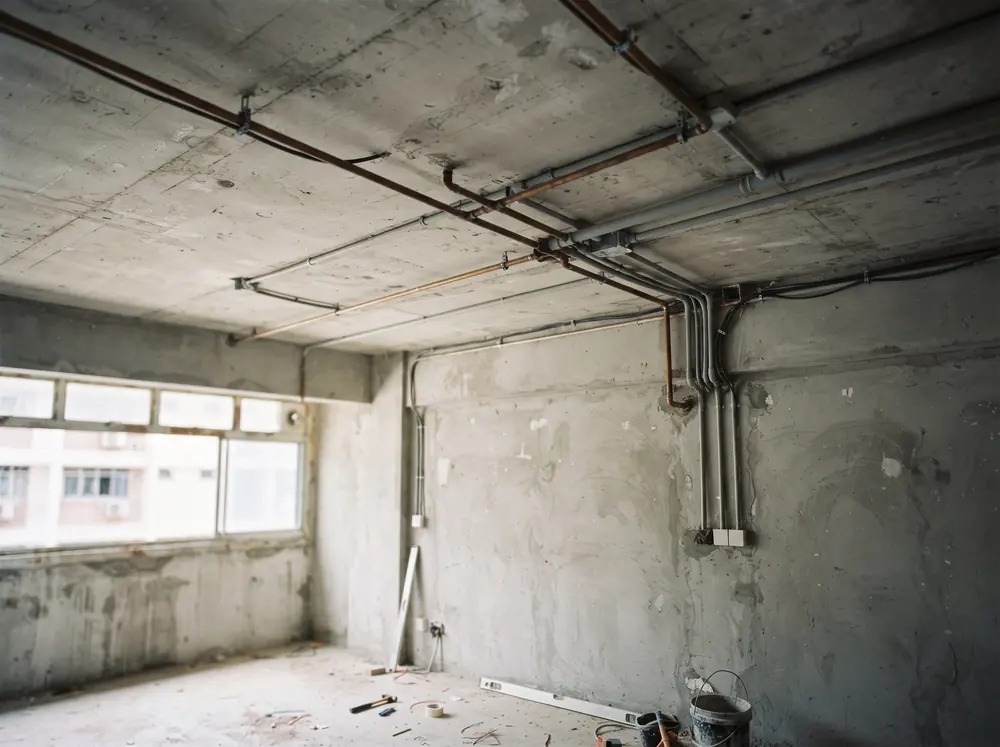 A bare ceiling with exposed pipe runs before boxing up