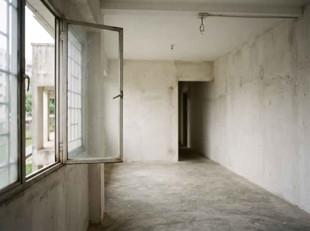 An empty apartment room with untreated walls and screed