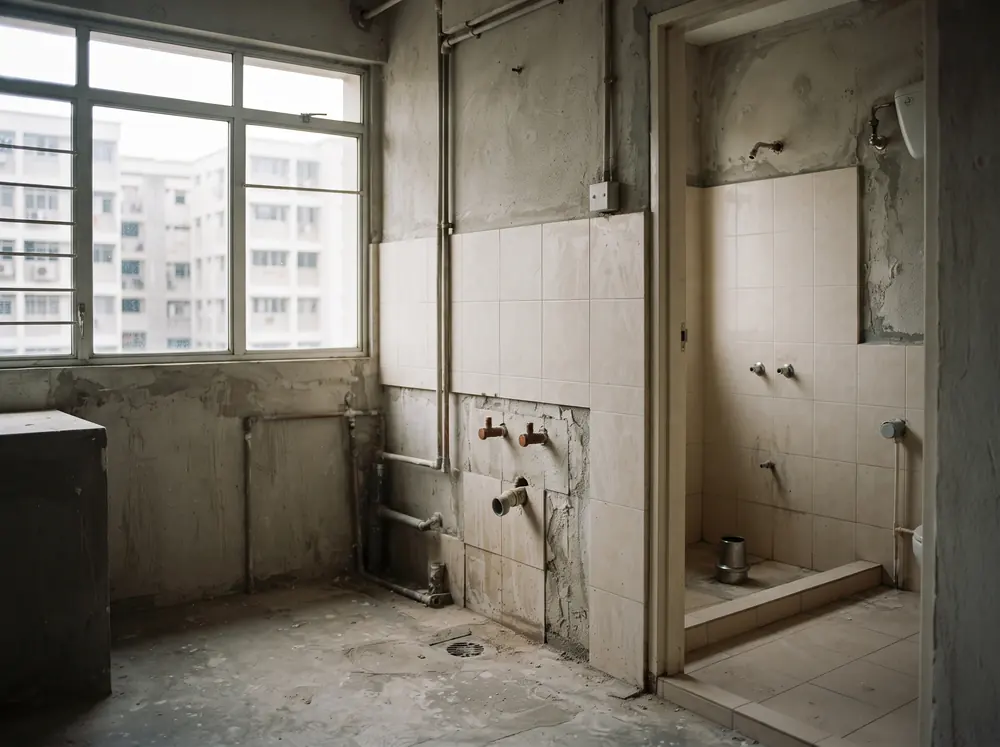 A bare kitchen shell with capped water stubs and no cabinets fitted