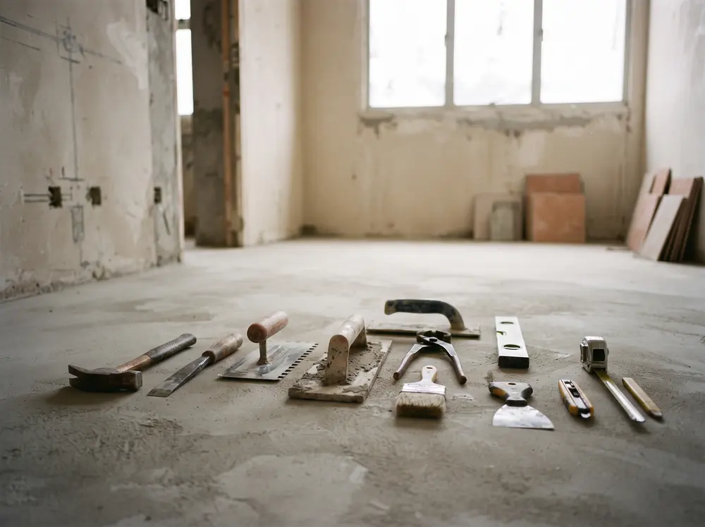 Hand tools of several trades laid in a row on bare screed