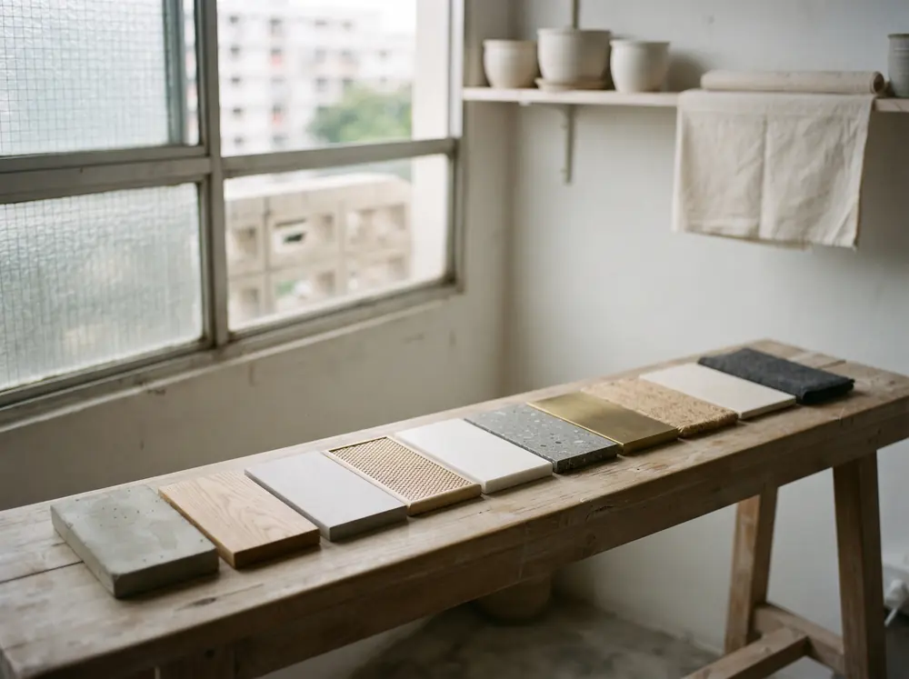 Graded material samples laid in a row on a bench