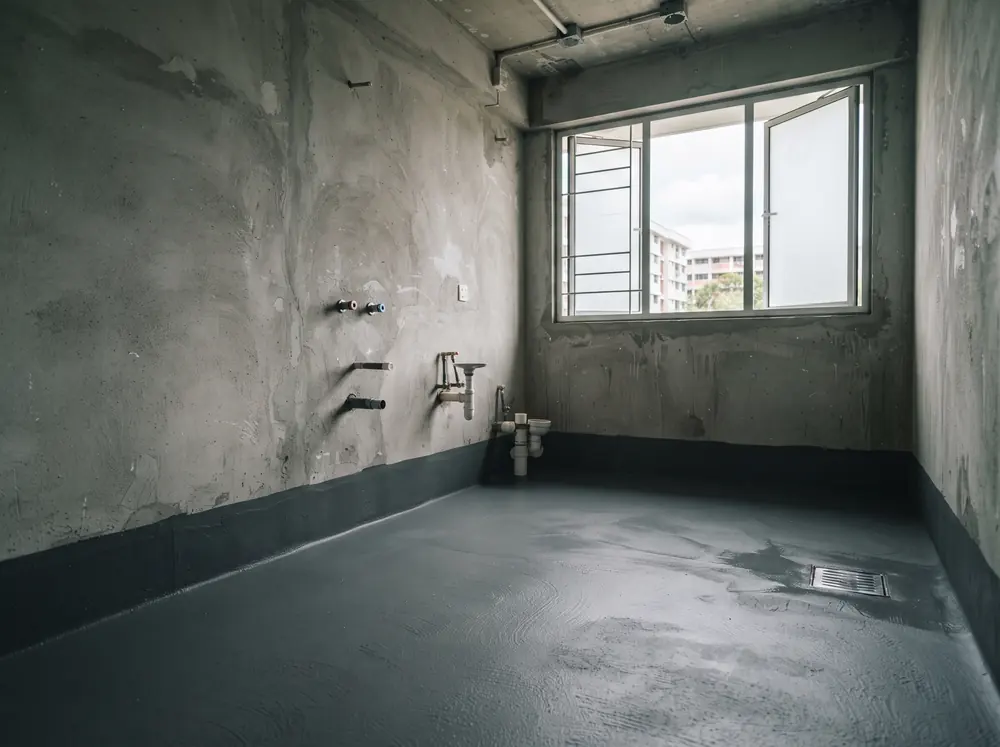 A bathroom shell with waterproofing membrane applied to floor and skirting