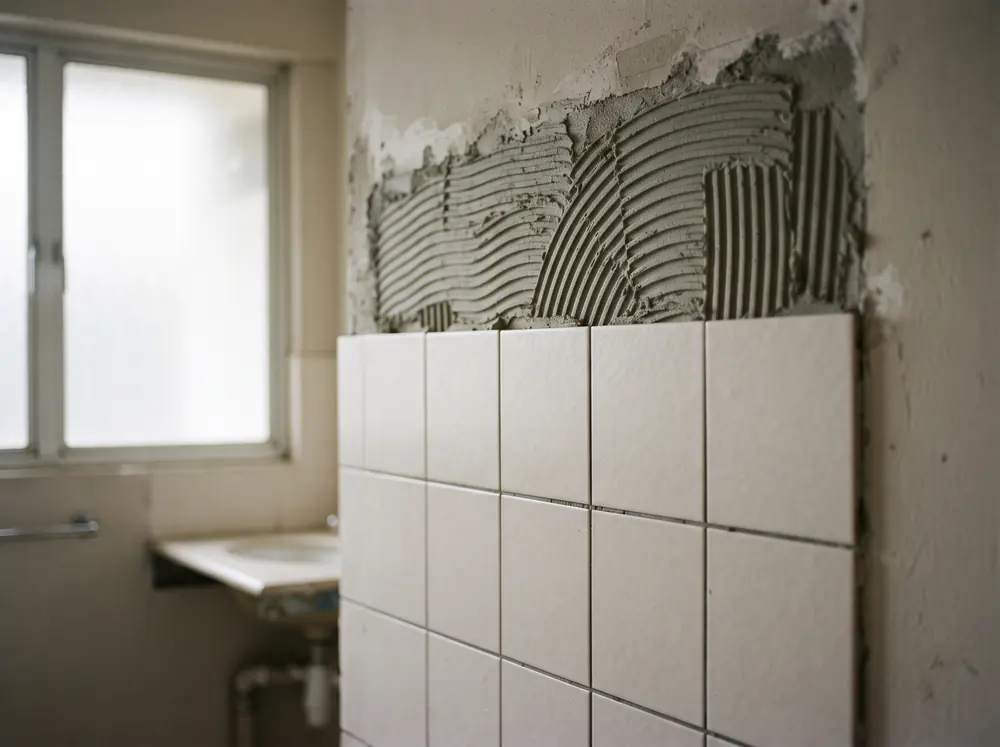 Tiles part laid over adhesive comb marks during a toilet renovation in Singapore