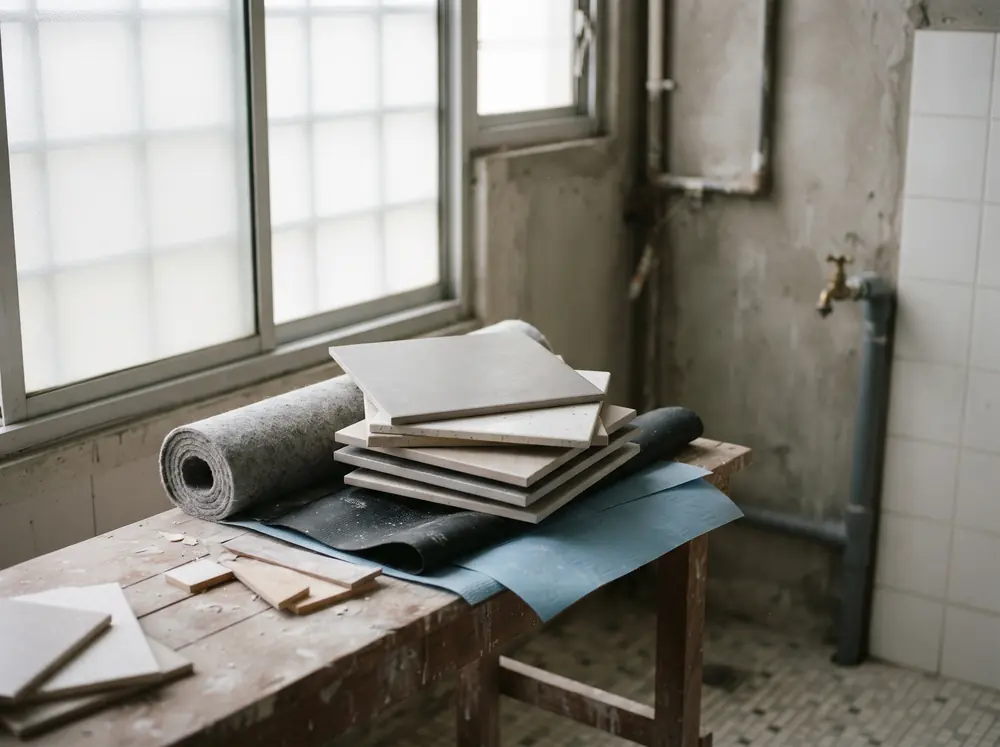 Bathroom tile and membrane samples stacked on a bench