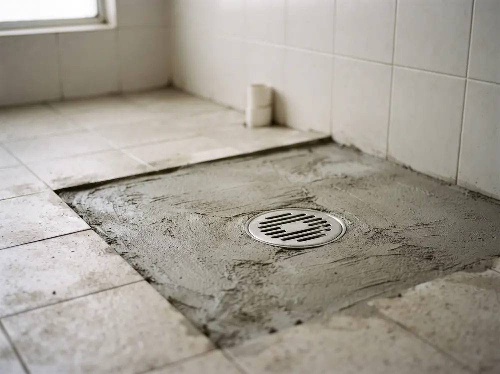 A bathroom floor drain set into fresh screed