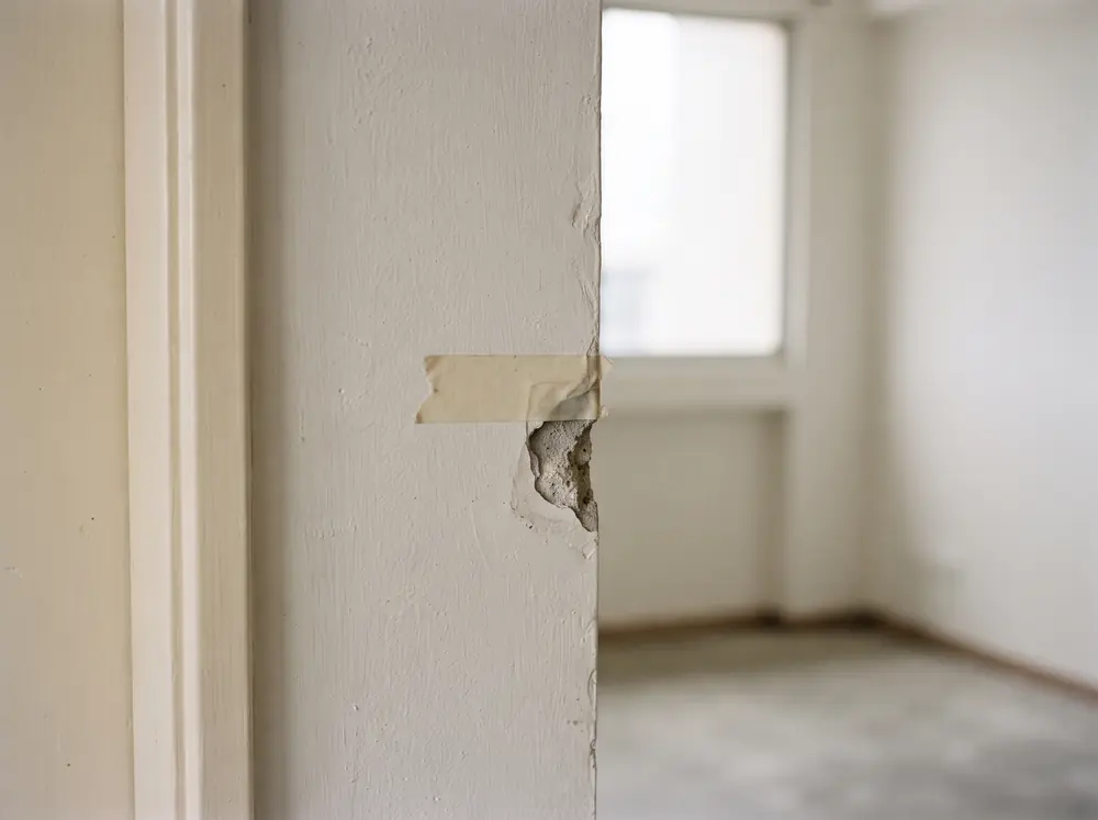 A strip of masking tape marking a chipped edge on a plastered wall