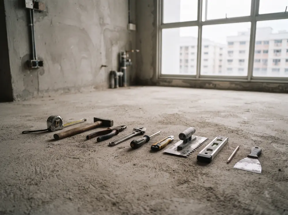 Hand tools of several trades laid in a row on bare screed
